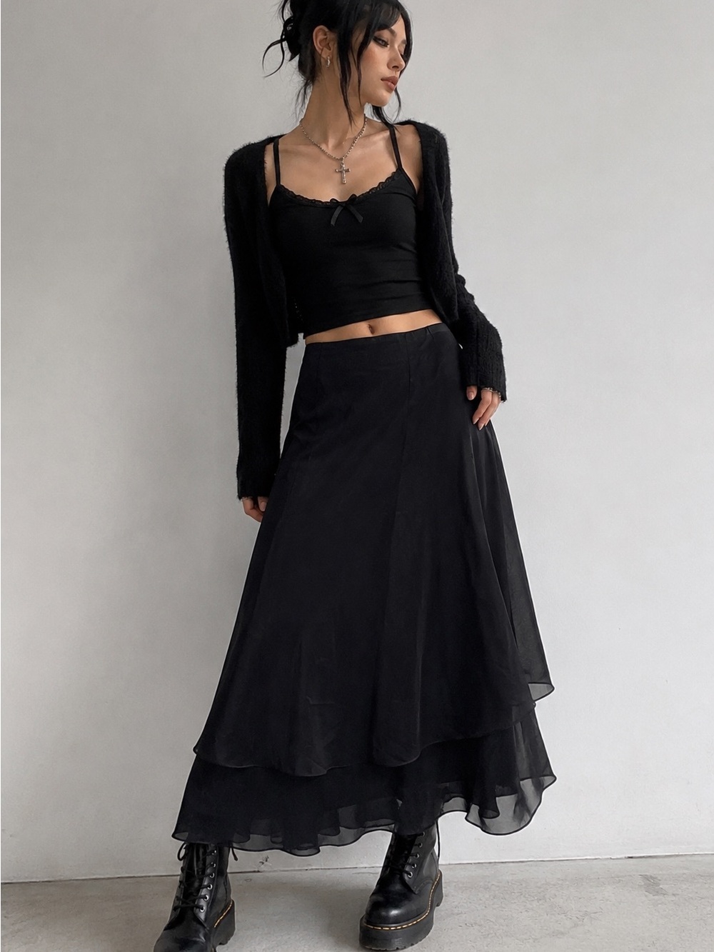 Adrianna Papell Essentials Black Chiffon Layered Maxi Skirt Size 14 Witchy